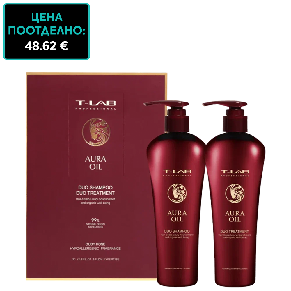 Луксозен комплект за подхранване с безценни масла T-LAB Aura Oil Duo Shampoo and Duo Treatment Set