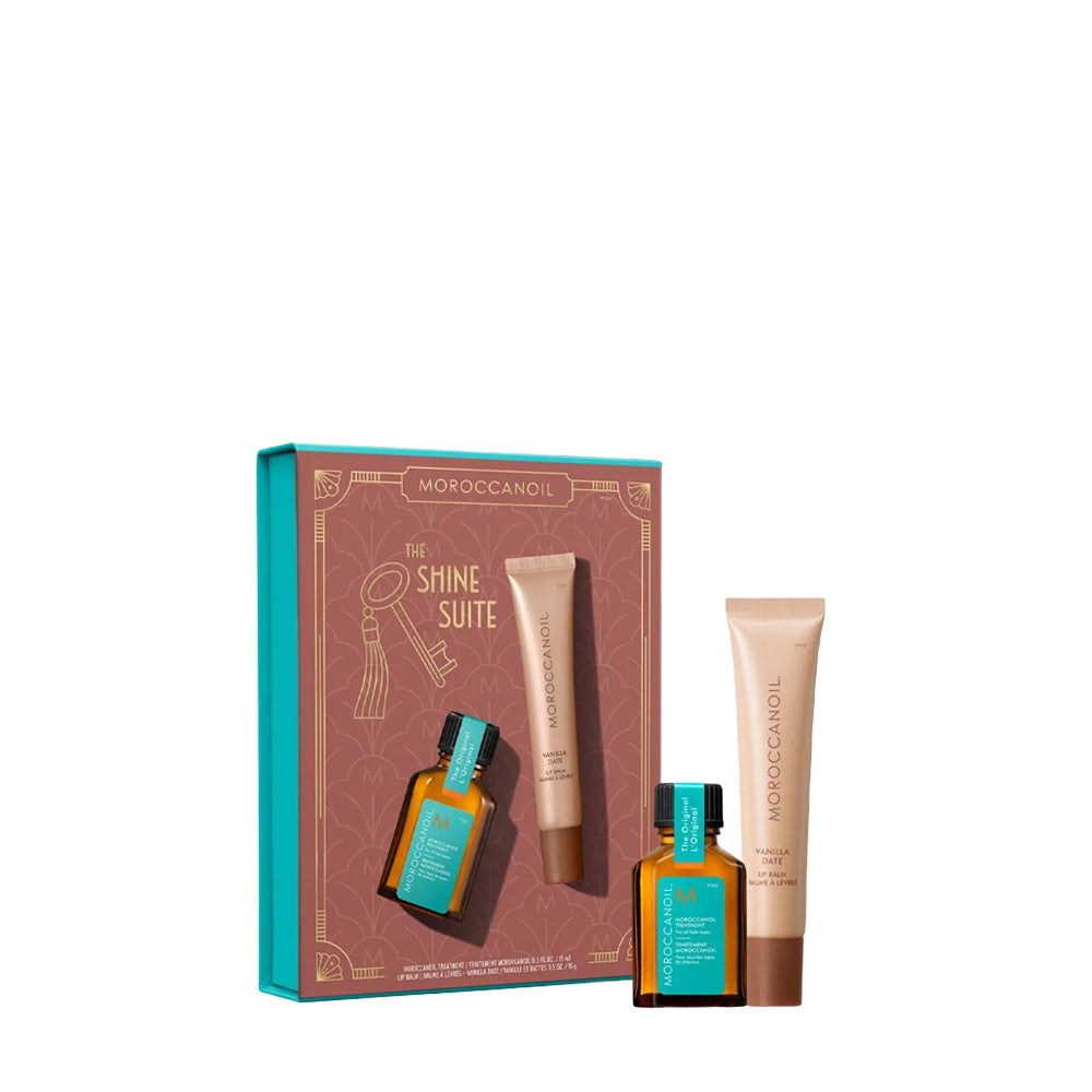 Комплект с мароканско арганово масло за всеки тип коса и балсам за устни Moroccanoil The Shine Suite Vanilla Date Kit